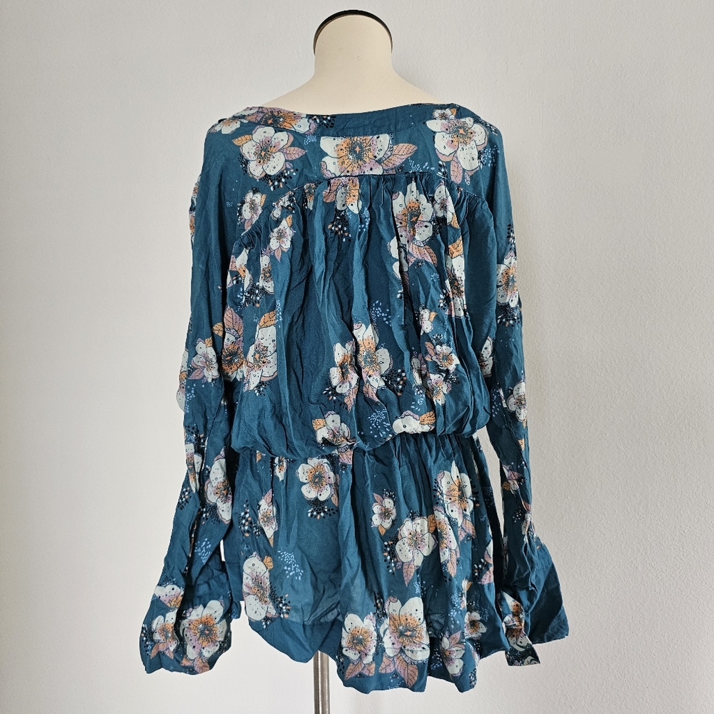 Free People Tuscan Dreams teal long floral bohemian cottagecore soft tunic - Picture 5 of 7